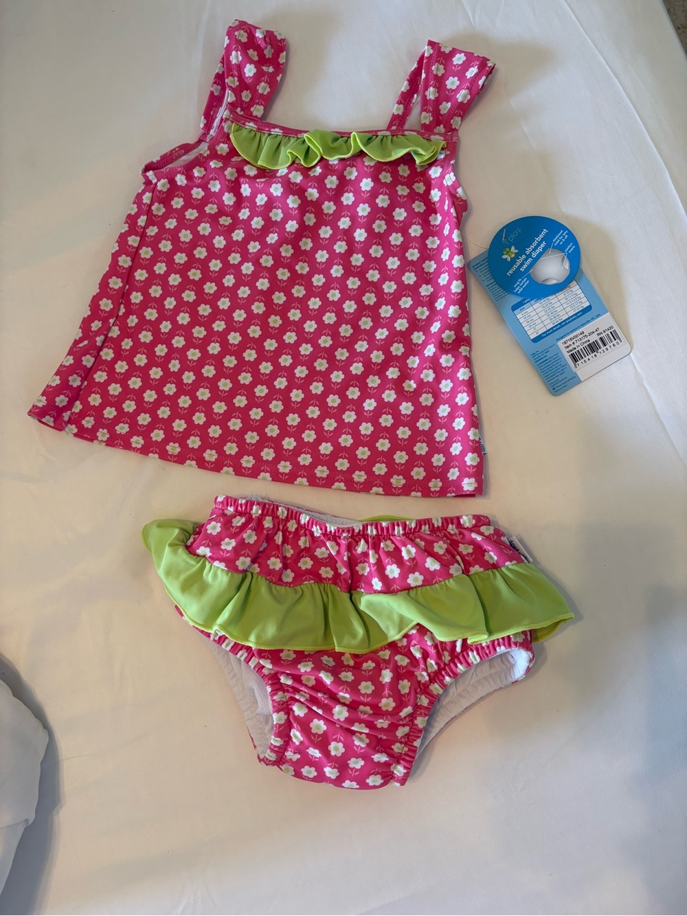 i play. Girls Pink Daisy Tankini with Green Ruffle